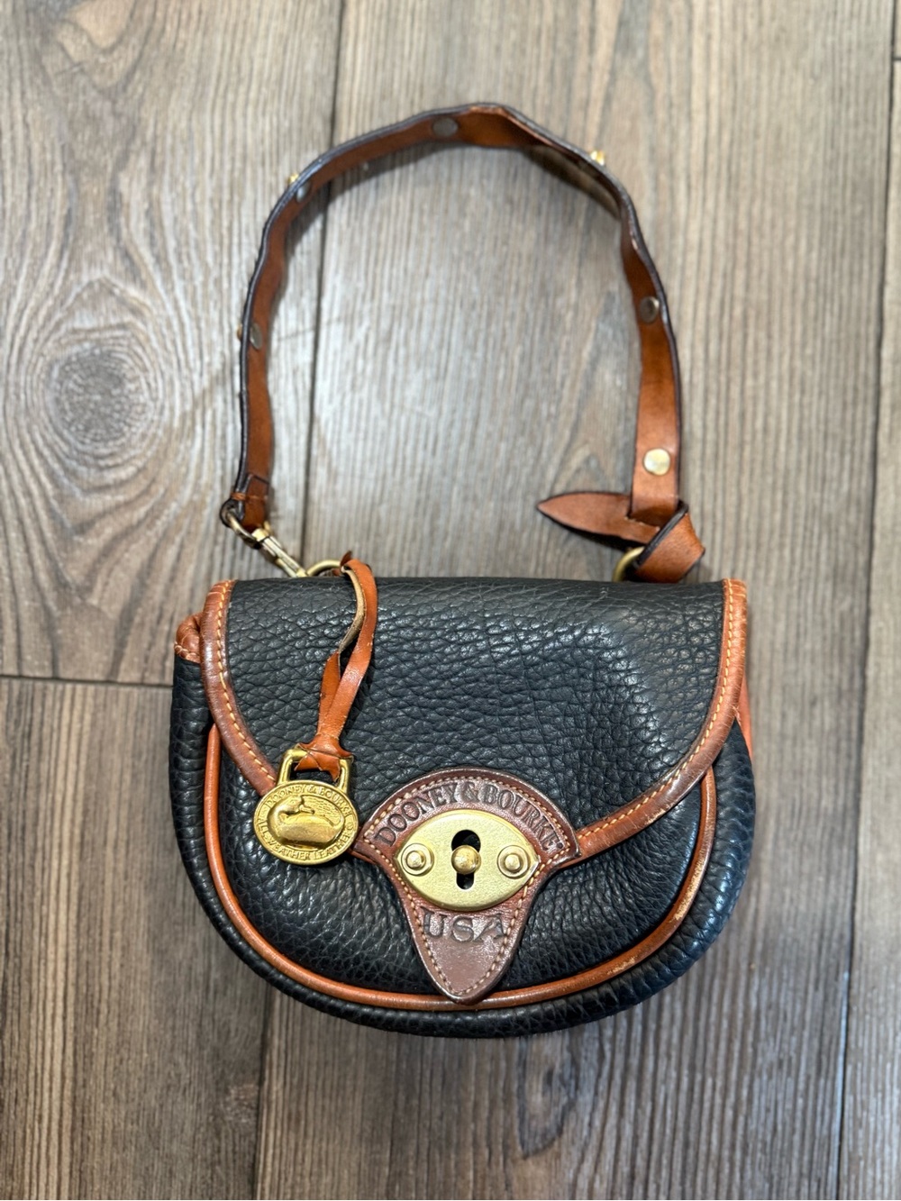 Vintage Dooney Bourke Made In USA Mini Saddle Bag AWL Black Brown Leather
